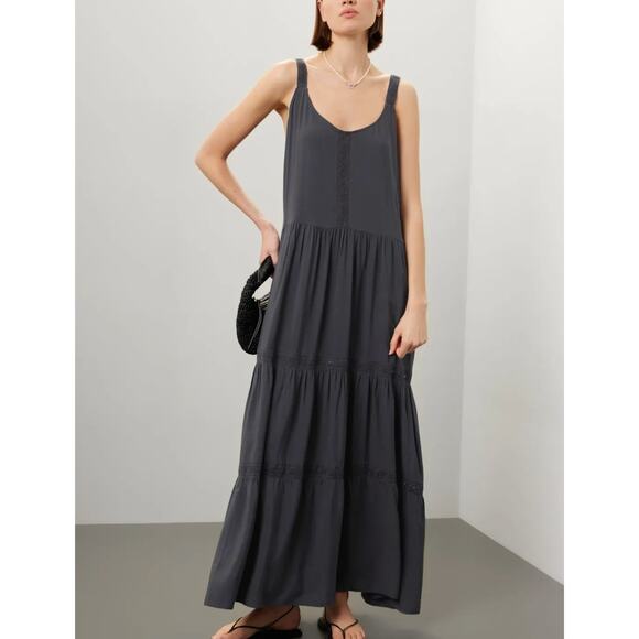 Splendid Dark Gray Tiered Ruffle Sundress Maxi Dress MEDIUM Embroider Boho $188 - Picture 1 of 11
